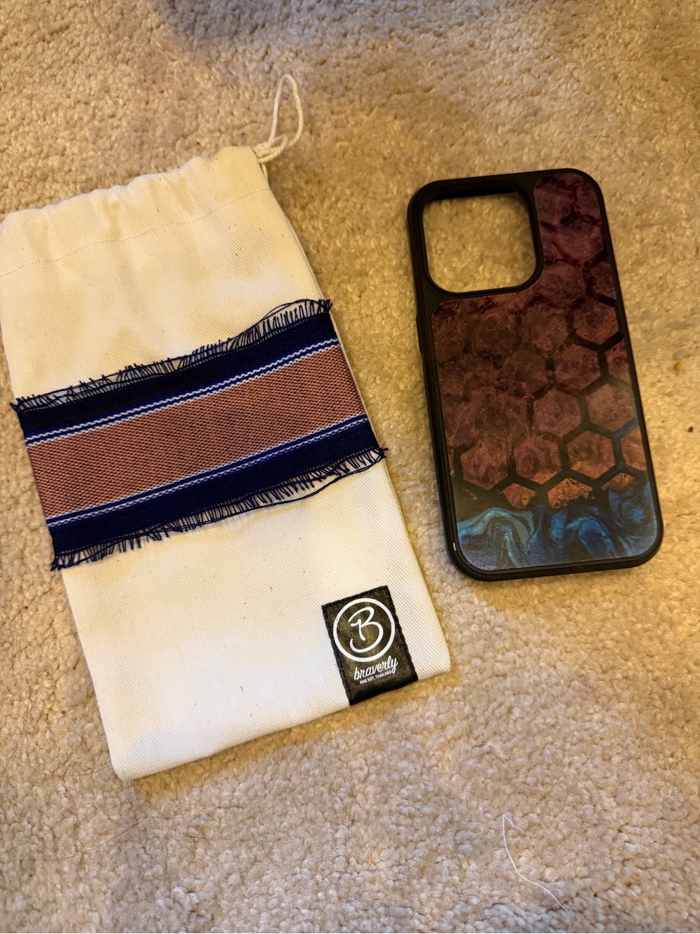 One of a kind Purple & Blue Pattern Phone iPhone 15 Pro Wood and Resin Carved